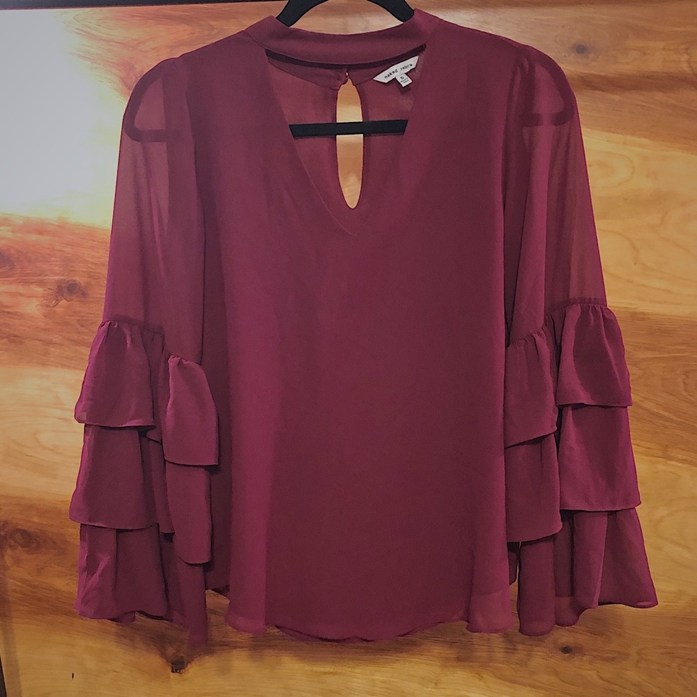 Naked Zebra- ruffle sleeve keyhole blouse